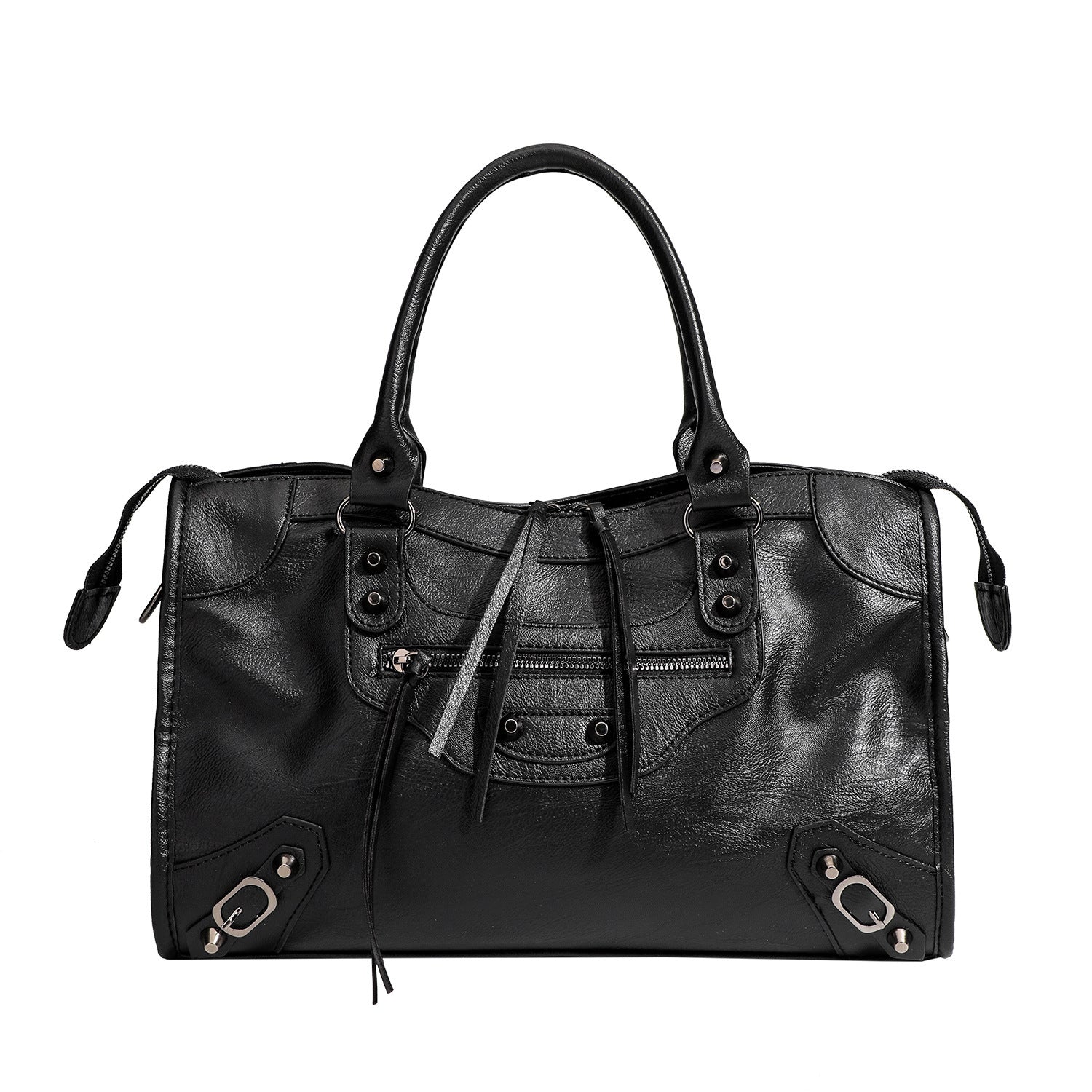 Women's French-Style Studded Biker Crossbody Bag - Premium PU Leather Shoulder Bag