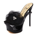 Women's Diamond-Embellished Chiffon Floral Open-Toe Heels | Satin-Trimmed Dress Shoes