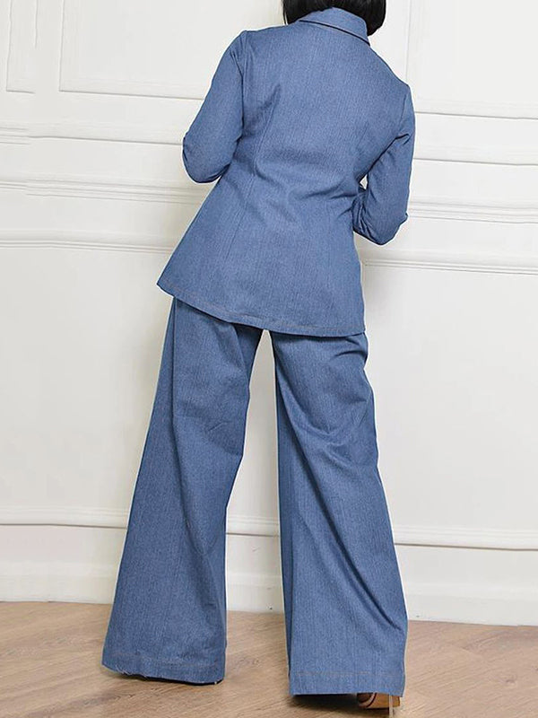 High-Waisted Loose Fit Jeans with Pockets and Lapel - Solid Color