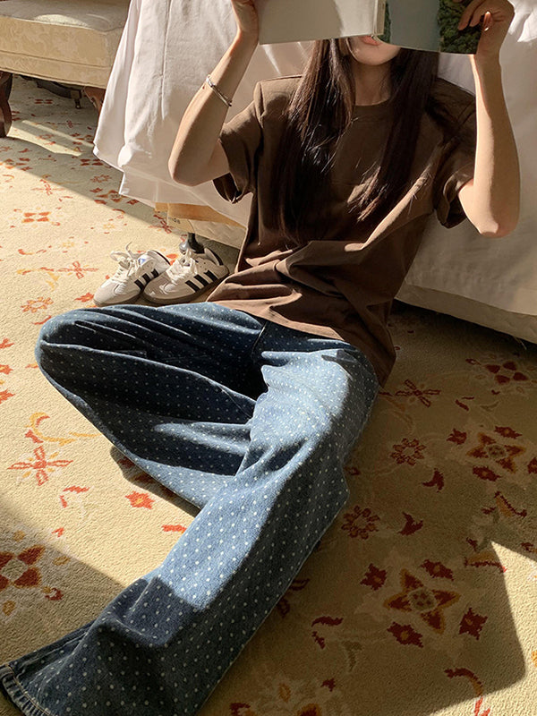 Loose Wide Leg Polka-Dot Split-Joint Jean Pants Bottoms