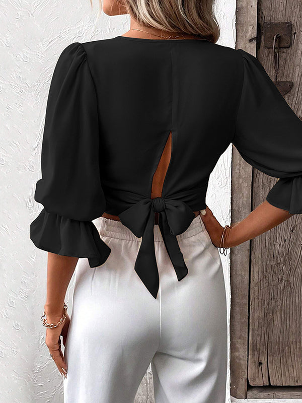 Half Sleeves Loose Elasticity Hollow Ruffled Solid Color Tied V-Neck Blouses&Shirts Tops