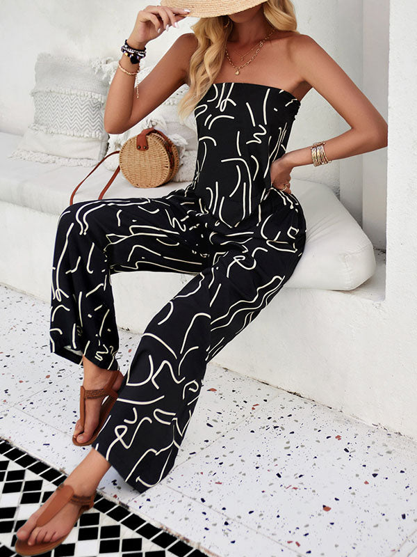 Sleeveless Printed Tied Tube Top + Wide Leg Elasticity Pockets Pants Bottom Two Pieces Set