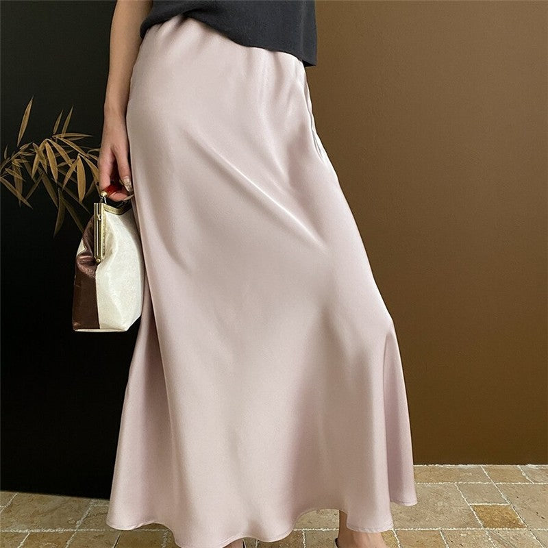 High-Waisted Satin Mermaid Midi Skirt with Draped Slit