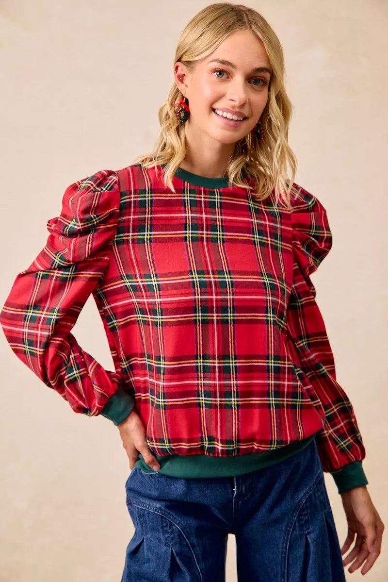 Christmas Plaid Exaggerated Shoulder Sleeves Top