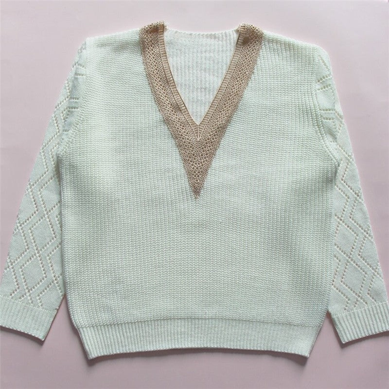 Loose Fit V-Neck Solid Color Knit Sweater