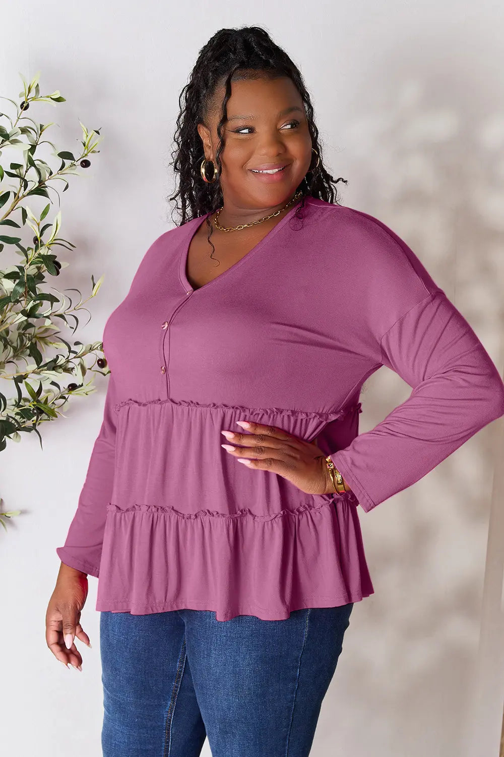 I am a Fashion Junky Take Half Button Long Sleeve Ruffle Hem Blouse