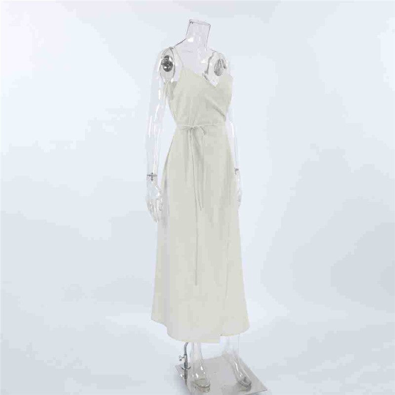 V-Neck Sleeveless Belted Dress in Solid Color - Slim Fit