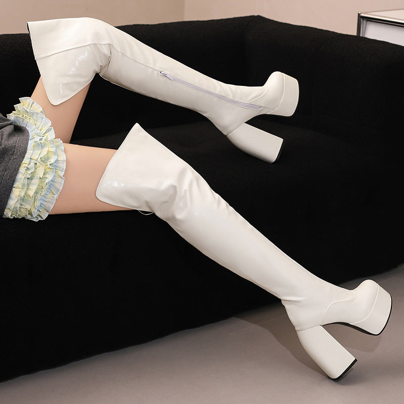 Women's Over-the-Knee Boots - Chunky Heel Platform Boots with Waterproof Design