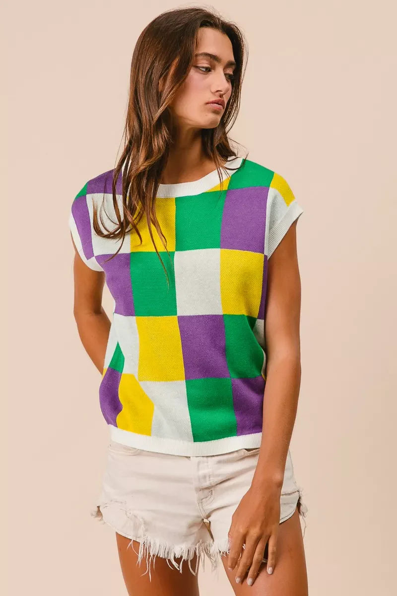 Mardi Gras Checker Pattern Sleeveless Sweater Top