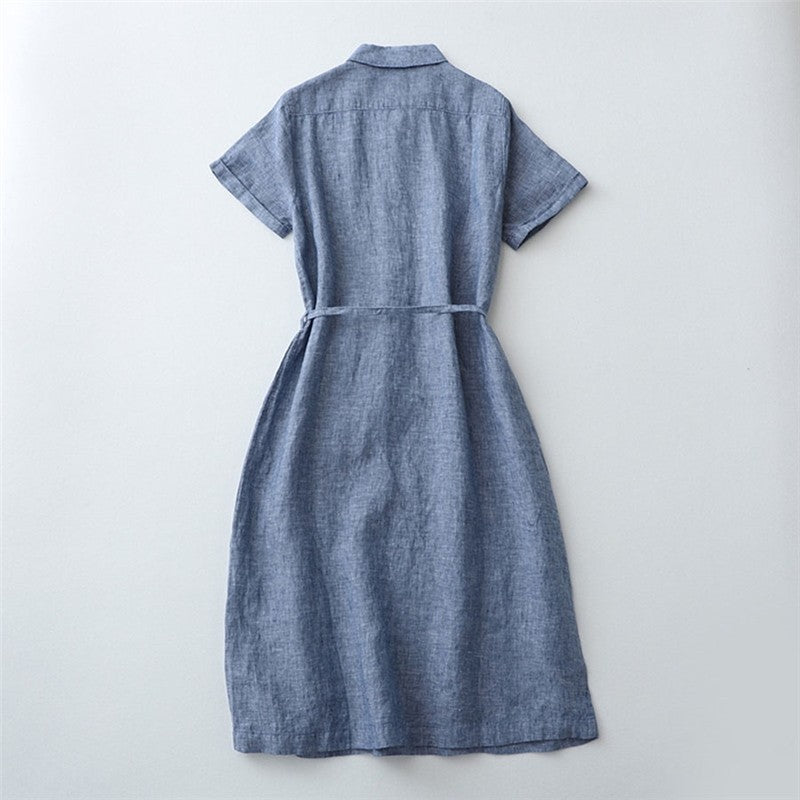 Half-Opening Buckle Waist Frenulum Polo Collar Mid Length Dress