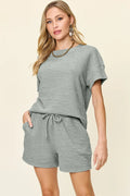I am a Fashion Junky Full Size Texture Short Sleeve T-Shirt and Drawstring Shorts Set