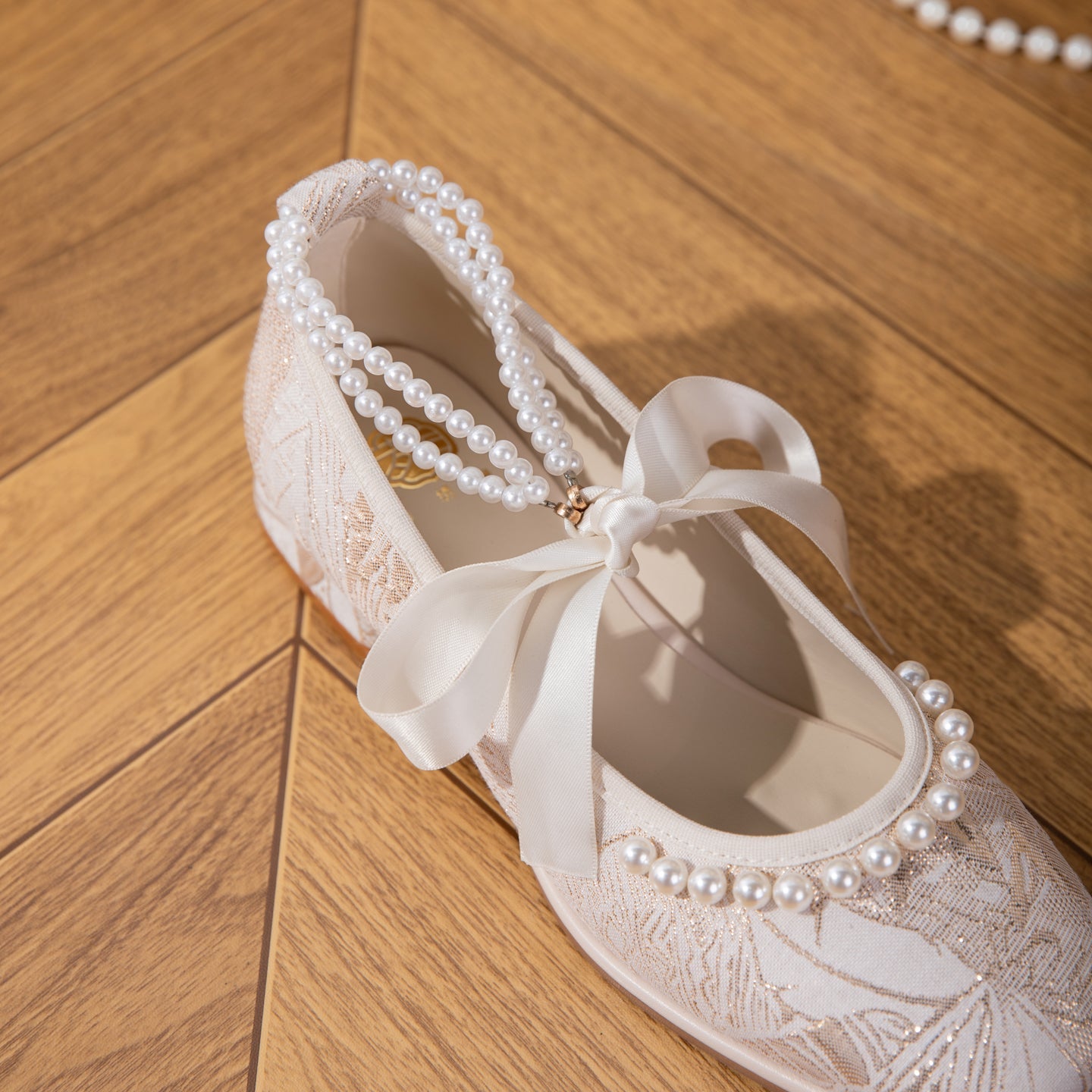 Women's Jacquard Mary Jane Low Heel Shoes | Pearl Ribbon Bow Square Toe Wedding Flats
