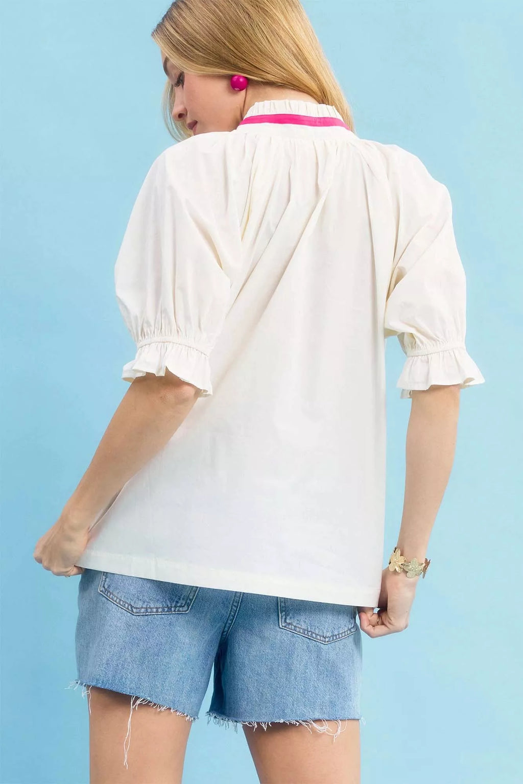 Embroidered Floral Top with Contrast Trim