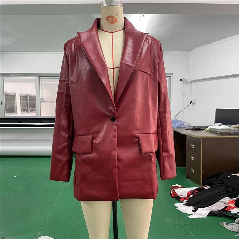 Solid Color Medium Length Leather Jacket