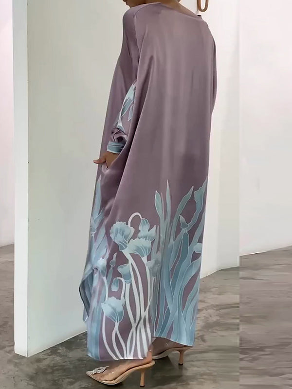 Long Sleeve Buttoned Muslim V-Neck Midi Dress with Contrast Color Flower & Leaves Print