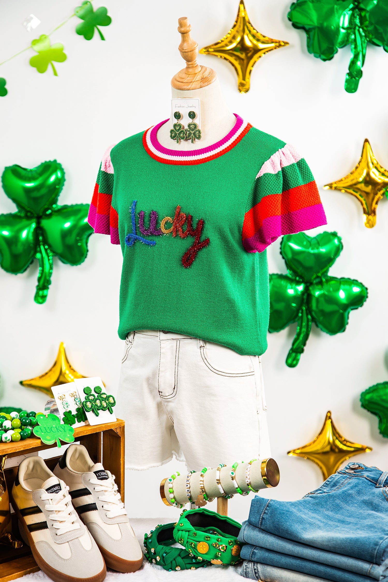 Bright Green Shiny Lucky Striped Flutter Sleeve Round Neck Sweater