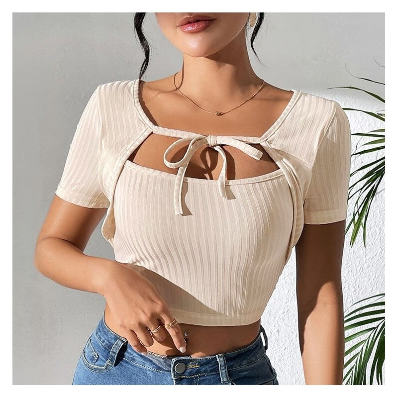 Ribbed Knit Tank Top Set with Square Neck and Belt