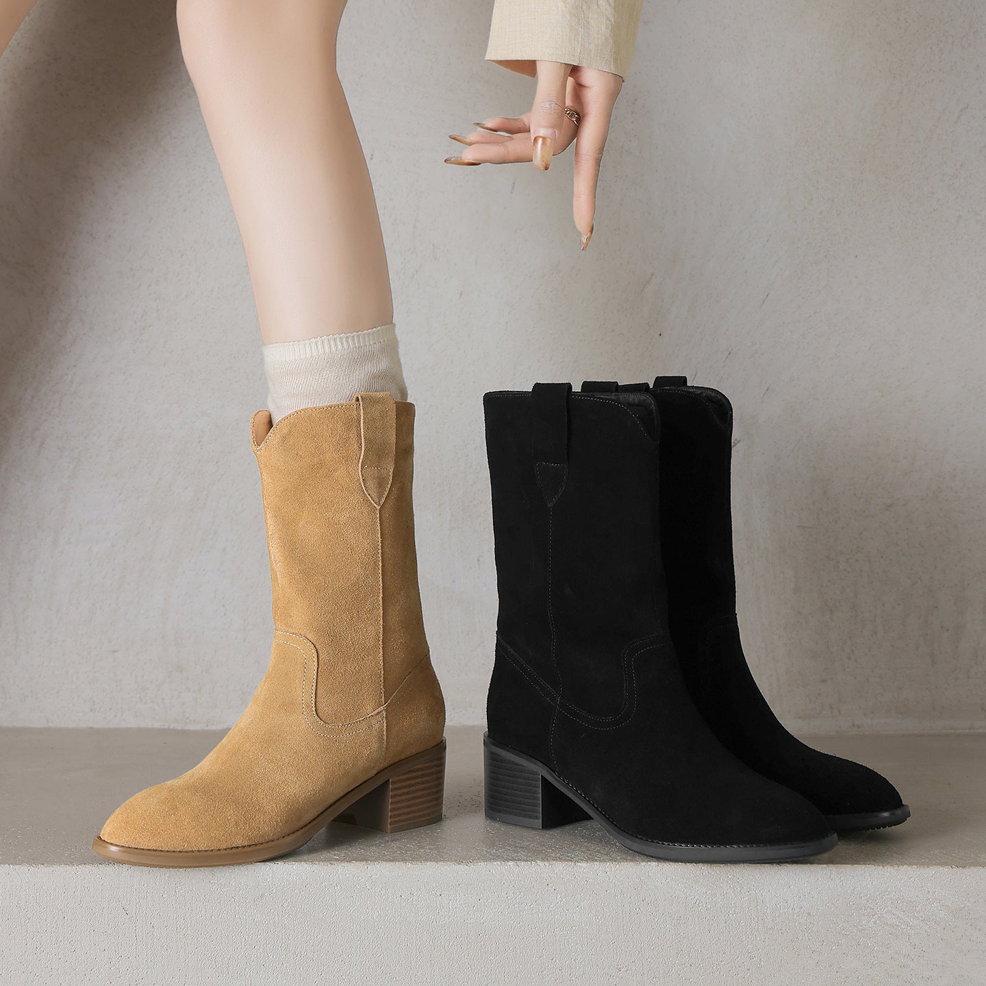 Women's Genuine Cowhide Leather Chunky Heel Mid-Calf Boots | Square Toe Side Zipper | Matte Embossed Finish