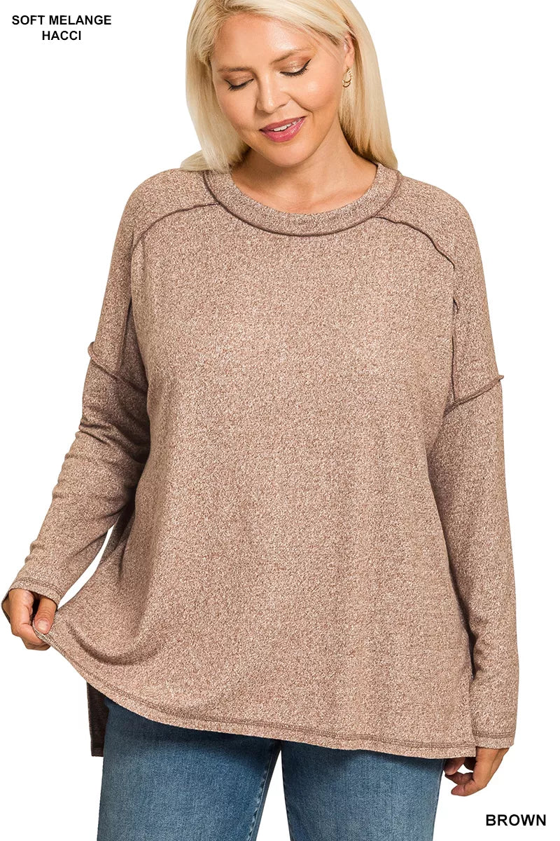 Full Size Melange Hacci Exposed Seam Hi-low Tee Plus Size