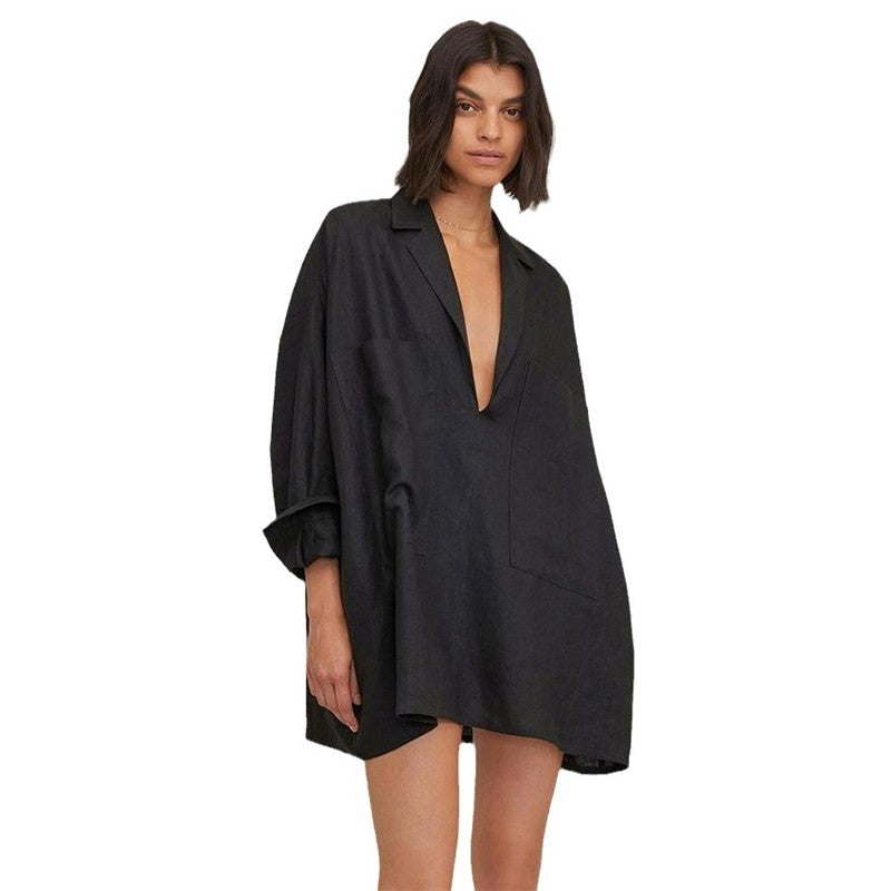Deep V-Neck Loose Fit Mini Pajama Dress - Solid Color Loungewear