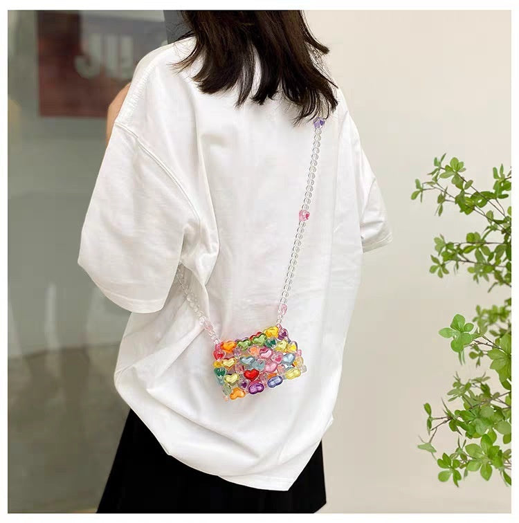 Beaded Pearl Crossbody Bag - Handmade Heart Tote Handbag for Women