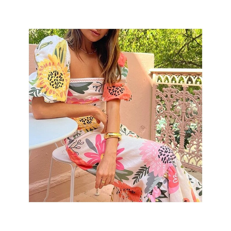 Flowy Printed Lantern Sleeve Swing Dress
