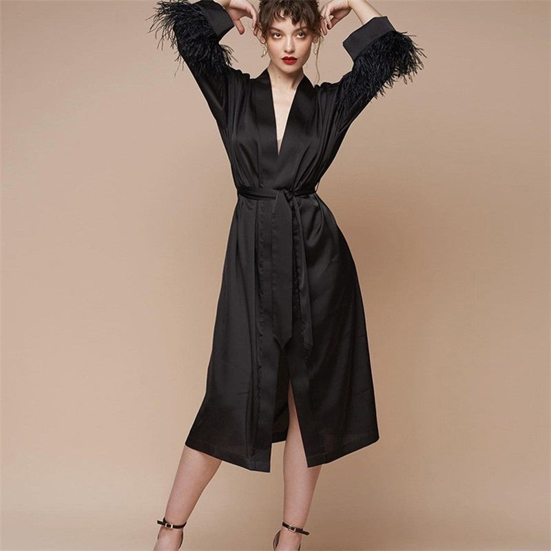 Feathered Silk Nightgown for Women - Long and Loose-Fitting