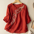 Embroidered Linen Button-Up Blouse with Half Sleeves
