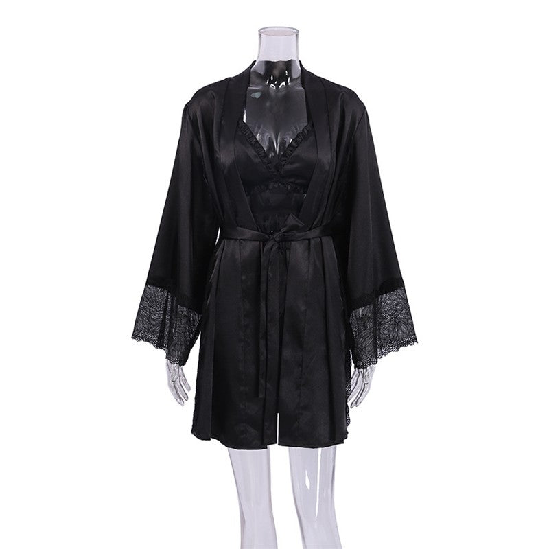 Lace-Trimmed Lingerie Set with Matching Robe and Shorts
