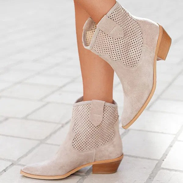 Women's Embossed Suede Mid-Heel Boots - Pointed Toe Slip-On Ankle Boots in Large Sizes