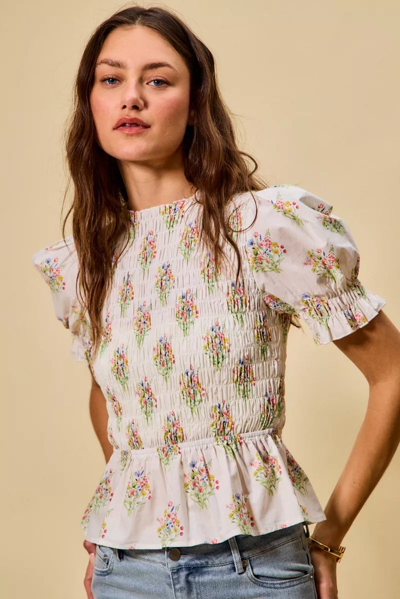 Floral Cotton Smocked Short Sleeves Blouse