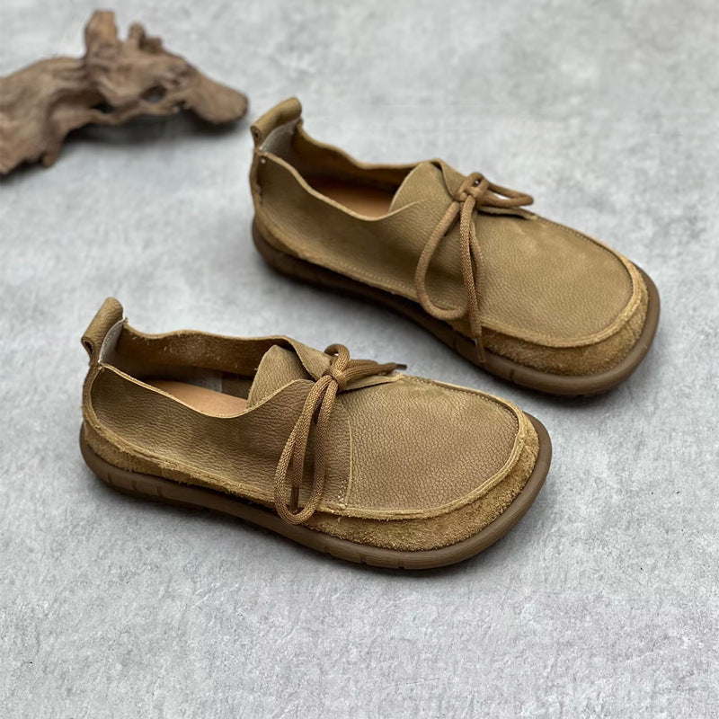 Women's Retro Leather Lace-Up Flats - Genuine Cowhide Casual Shoes