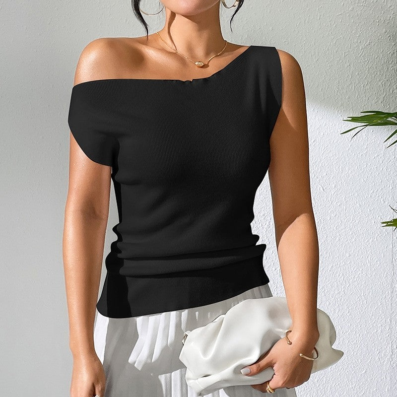 Versatile Solid Color Sleeveless Off Shoulder Knitted Vest