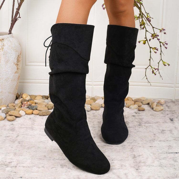 Women's High-Shaft Pleated PU Leather Chunky Heel Boots | Mid-Calf Round Toe
