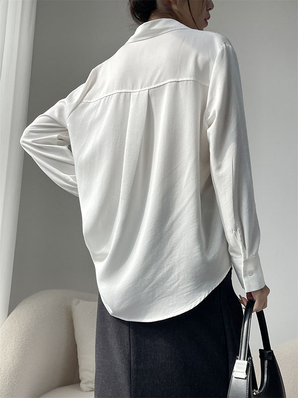 Long Sleeves Loose Pleated Split-Joint Lapel Blouses&Shirts Tops