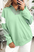 Moonlight Jade Color Block Striped Patchwork Collar V Neck Plus Size Sweatshirt
