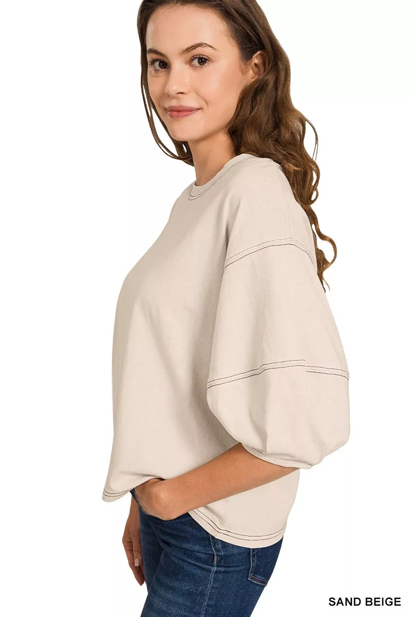 Balloon Sleeve Top with Contrast Stitching