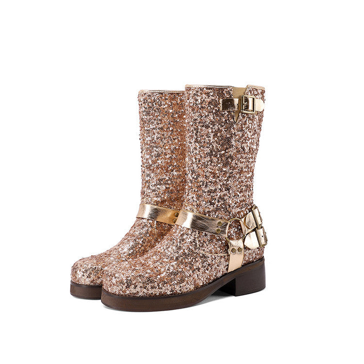 Women's Sequin Buckle Mid-Calf Boots - Chunky Heel PU Leather Boots