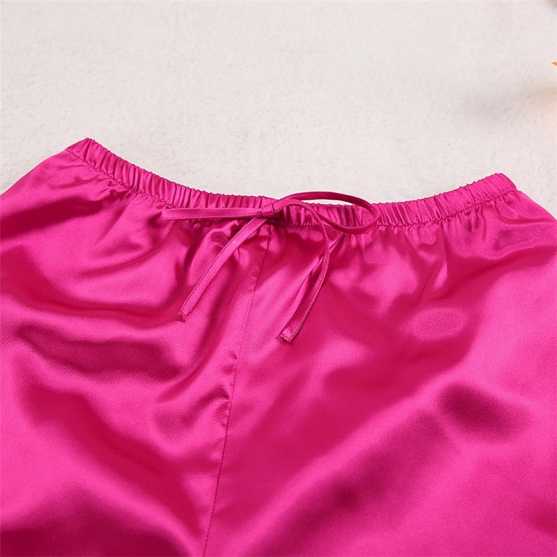 Solid Color Satin Short Sleeve Lapel Buttoned Pajama Suit