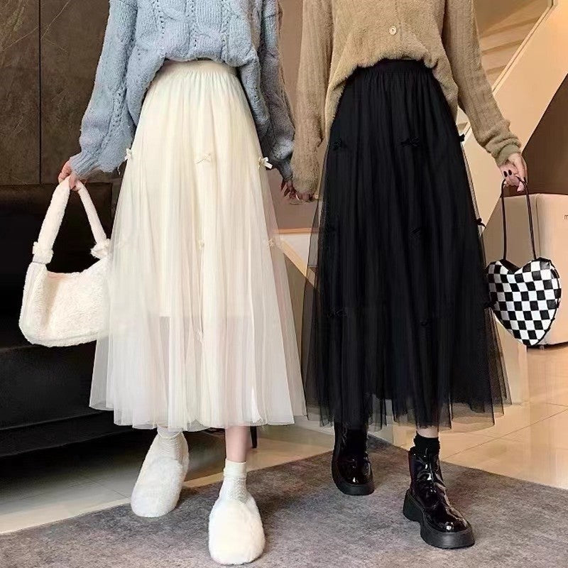 Solid Color Elastic Waist Bowknots Embellished Mesh Skirt