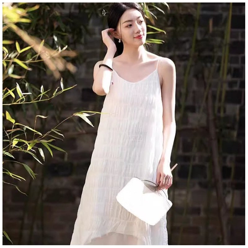 Solid Color Jacquard Halter Maxi Dress with Irregular Pleating