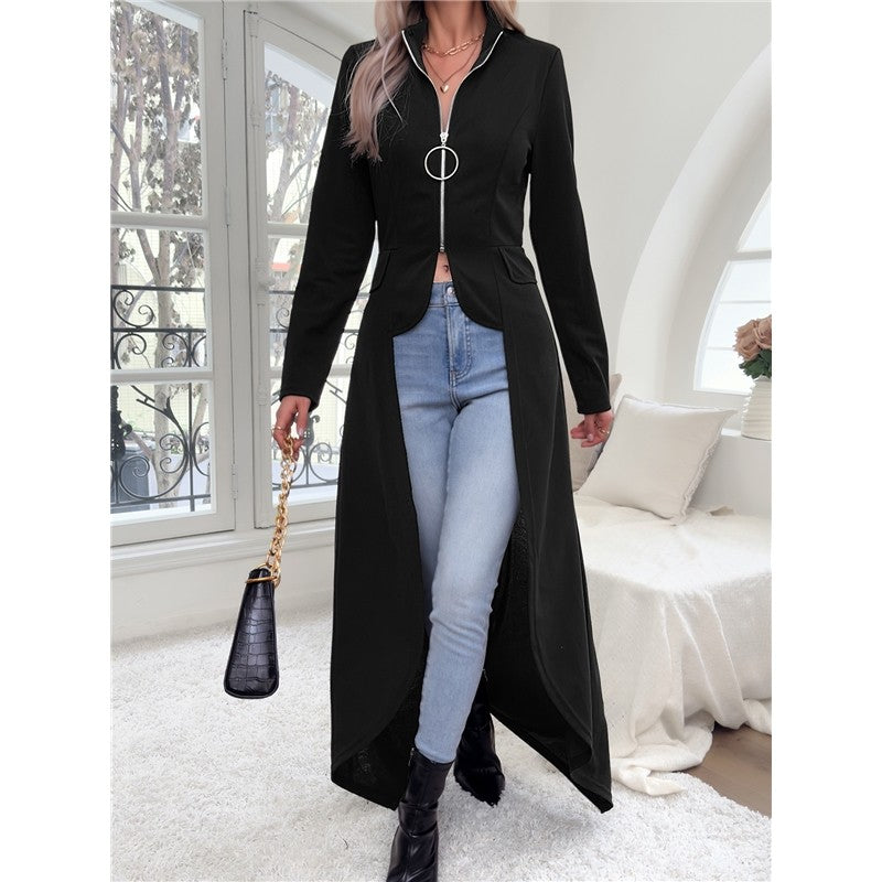 Solid Color Long Sleeve Half Turtleneck Zipper Irregular Outerwear