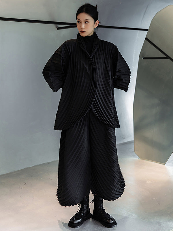 Urban Solid Color Pleated Outerwear&Pants Two Pieces Set