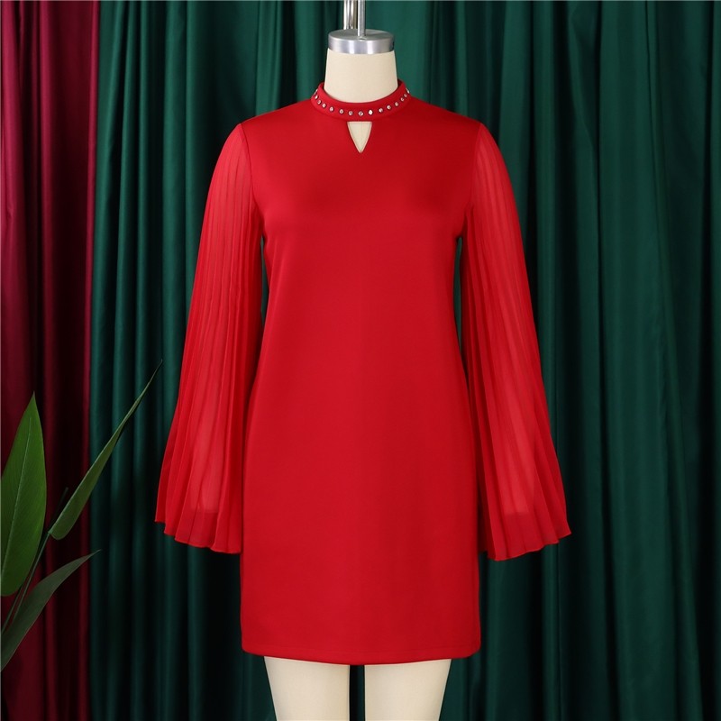 Chic Solid Color Bell Sleeve Dress with Pleats and Studs