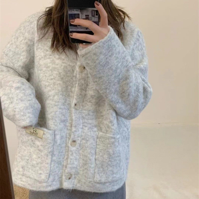 Solid Color Round Neck Single Breasted Knit Cardigan