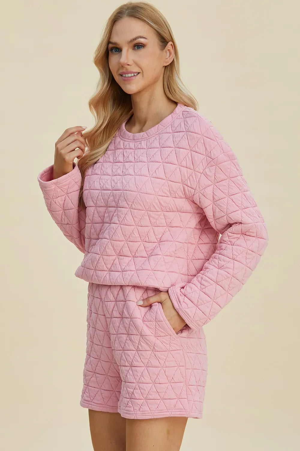 I am a Fashion junky Full Size Texture Round Neck Long Sleeve Top and Shorts Set
