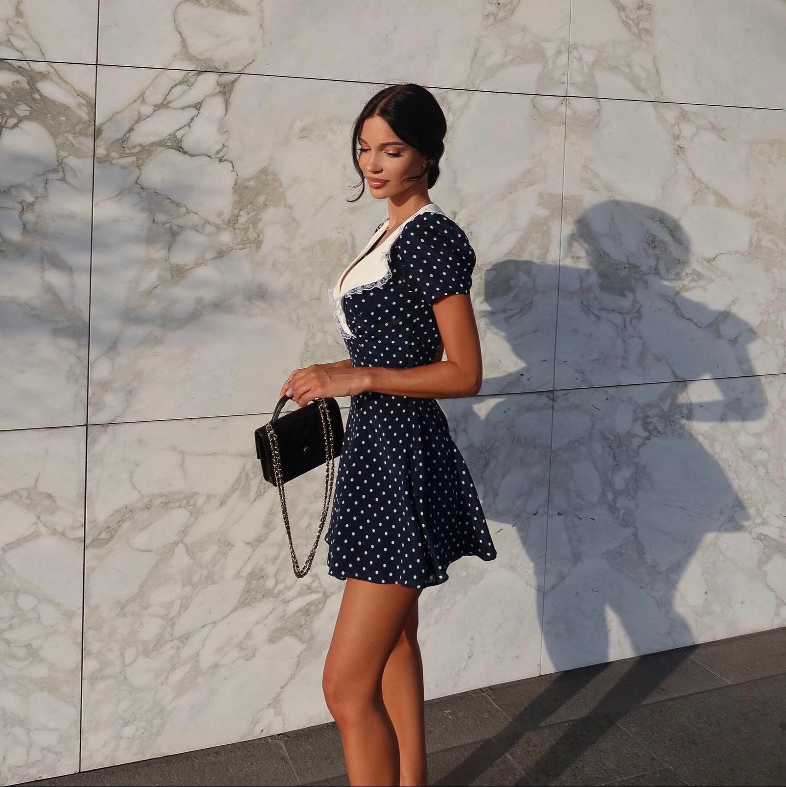 Fiorella Dark Blue Polka Dot Vintage Mini Dress