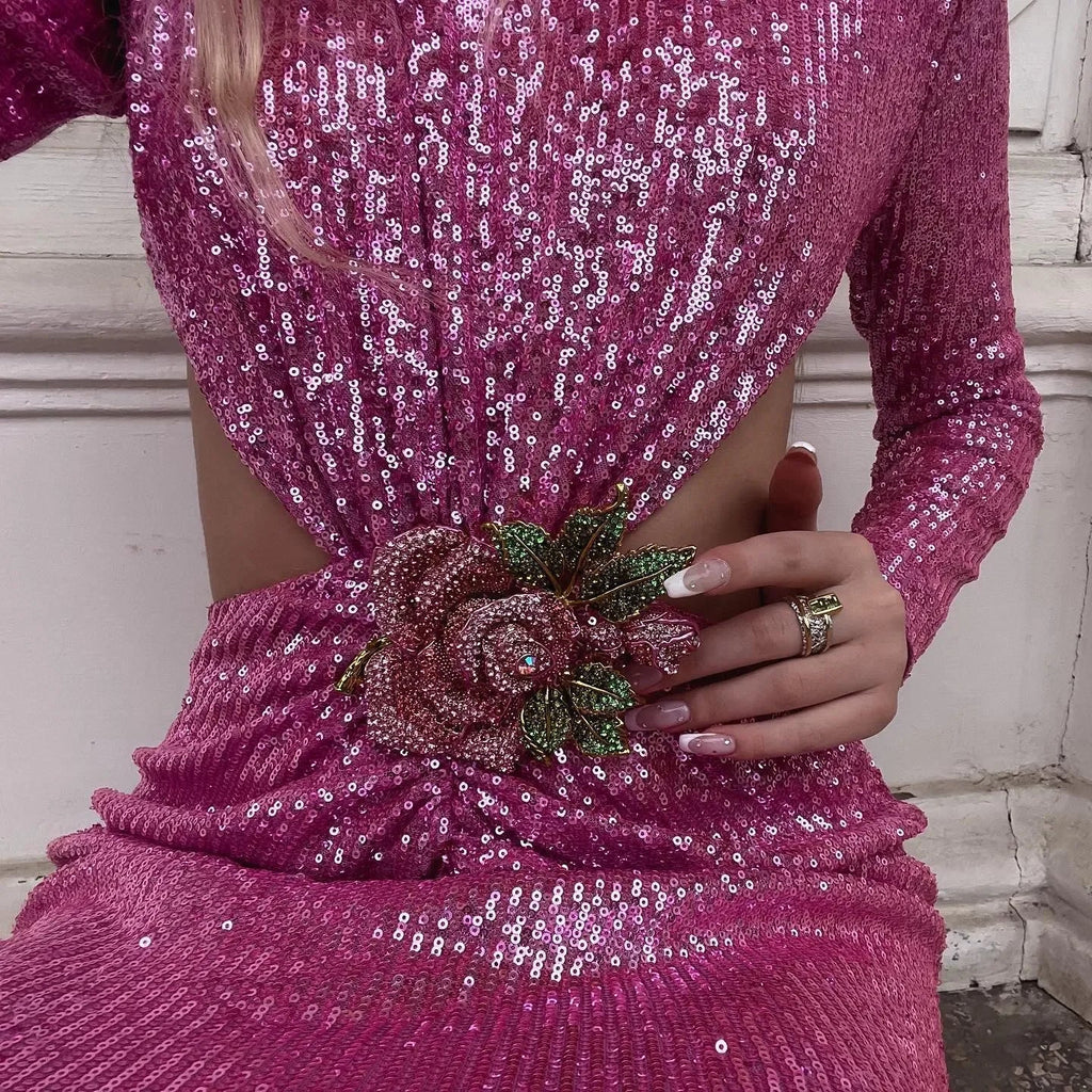 First Kiss Pink Glitter Sequins Flowered Maxi Dress