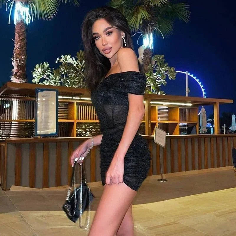 Foxglove Chic Black Off Shoulder Ruched Mini Dress