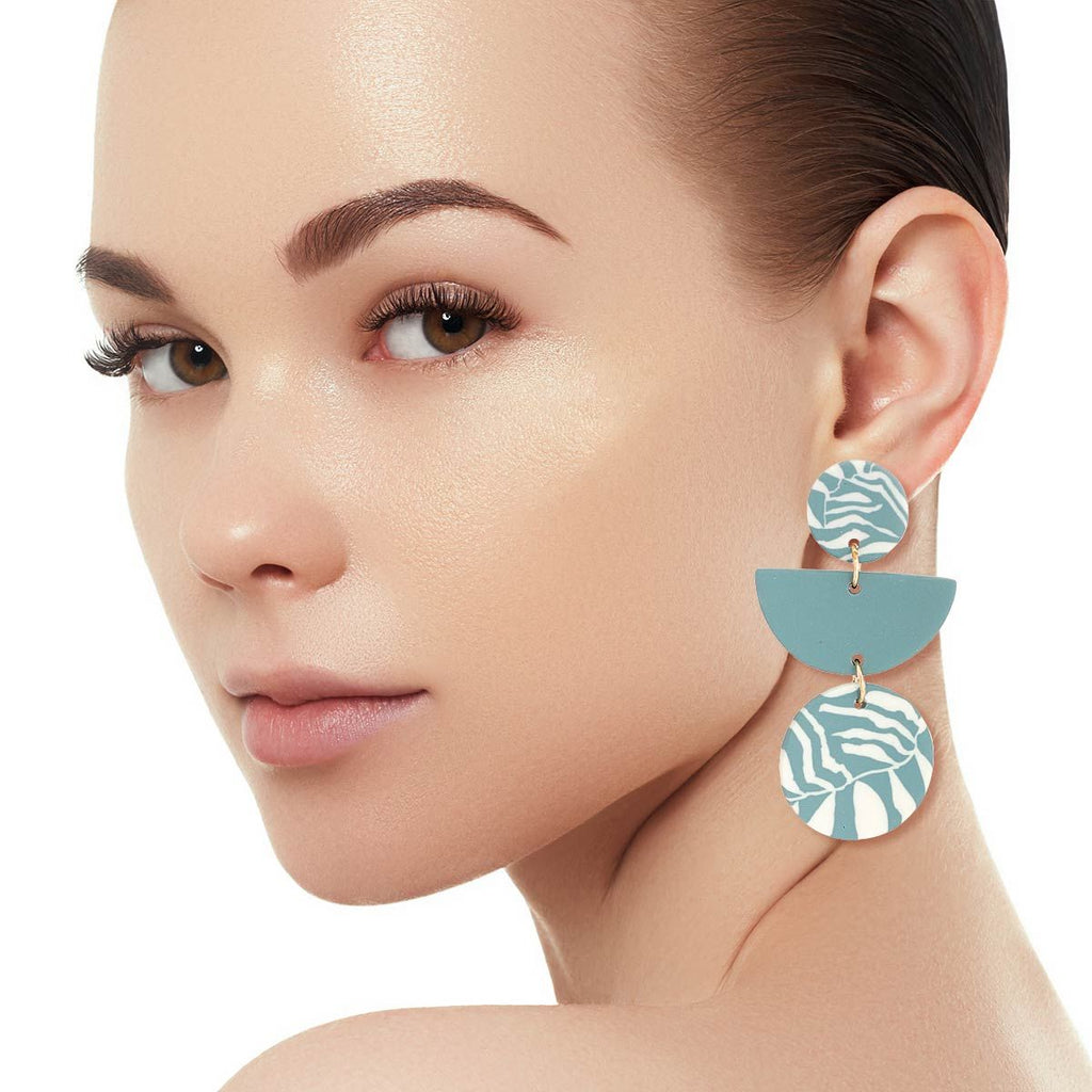 Statement Teal Clay Leaf Pattern Earrings – Trendy Fashion Jewelry